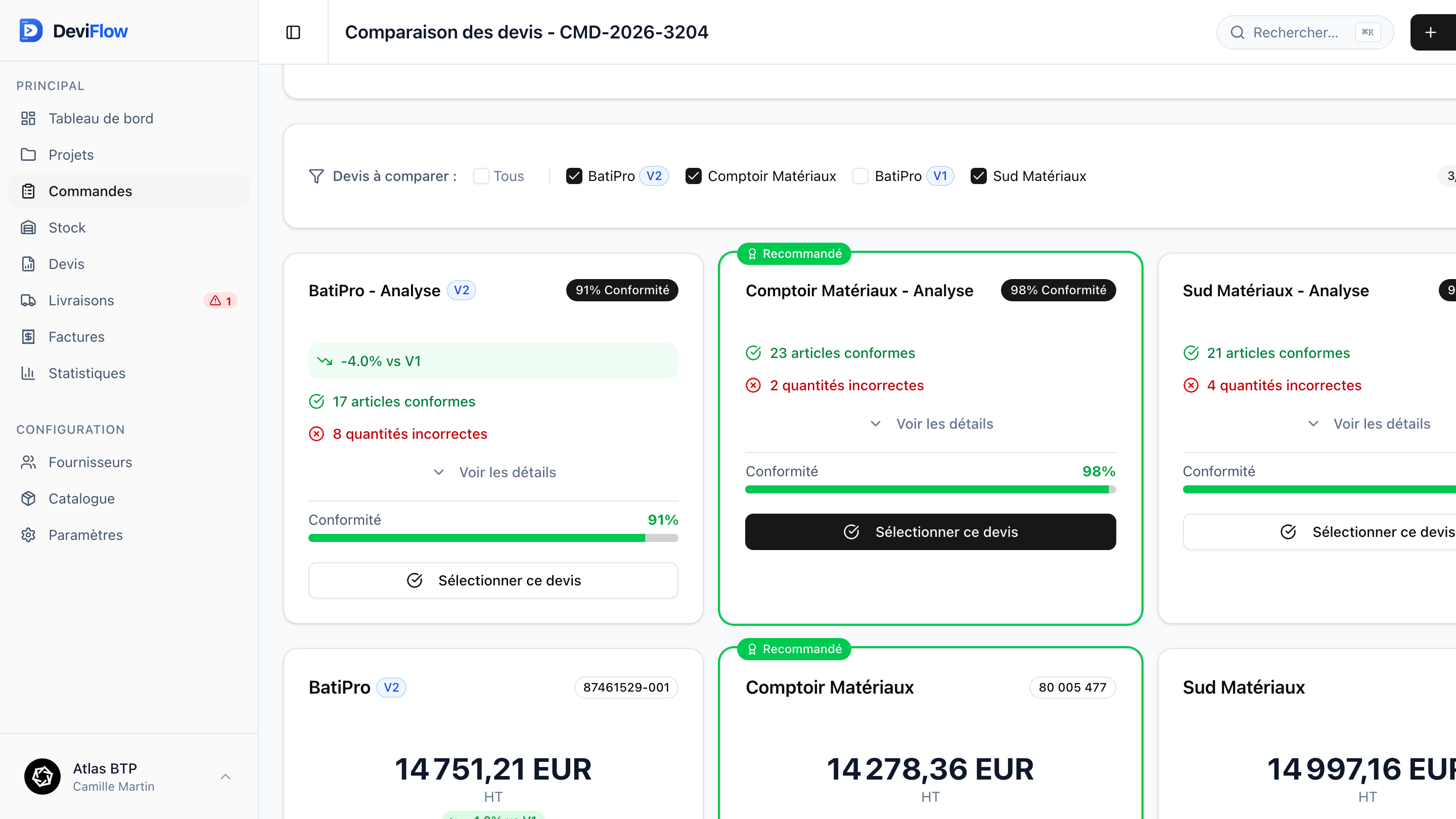 Comparaison de devis fournisseurs dans DeviFlow : scores de conformité, écarts et anomalies détectés automatiquement